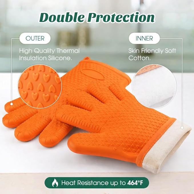 Cotton Lined Silicone Oven & BBQ Gloves, 450°F Heat Resistant Waterproof & Non-Slip Mitts for Baking, Cooking, Grill, Smoker & Fryer Use, Universal Size, 1 Pair (Orange)