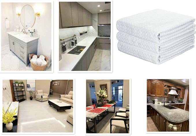 Waffle Weave Kitchen Towels Thick Microfiber Dish Drying Towels Absorbent Tea Towels Hand Towel Lint Free 16Inch x 24Inch 3 Pack White