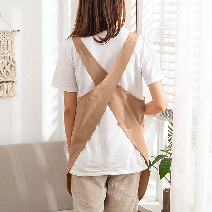 Cotton Cross Back Aprons Solid Color Cooking Kitchen Garden Smock for Women Girls with Pockets