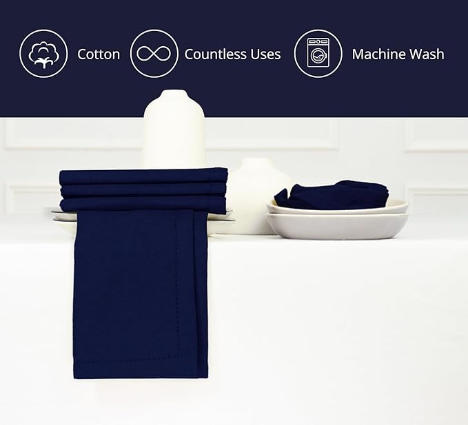 PurpleEssences Set of 12 Hemstitch Cloth Dinner Napkins 100% Cotton - Soft Durable Washable - Ideal for Wedding Spring Easter Summer - Perfect Everyday Use Table Linen 18x18 - Navy Blue