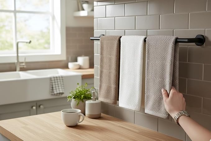 Beige White Brown Taupe Kitchen Hand Dish Towels: Oversized 28" x 18",100% Cotton Cloth Soft Cleaning Drying Absorbent Textured Design, Set of 3 Multipurpose for Everyday Use (Neutral Collection)