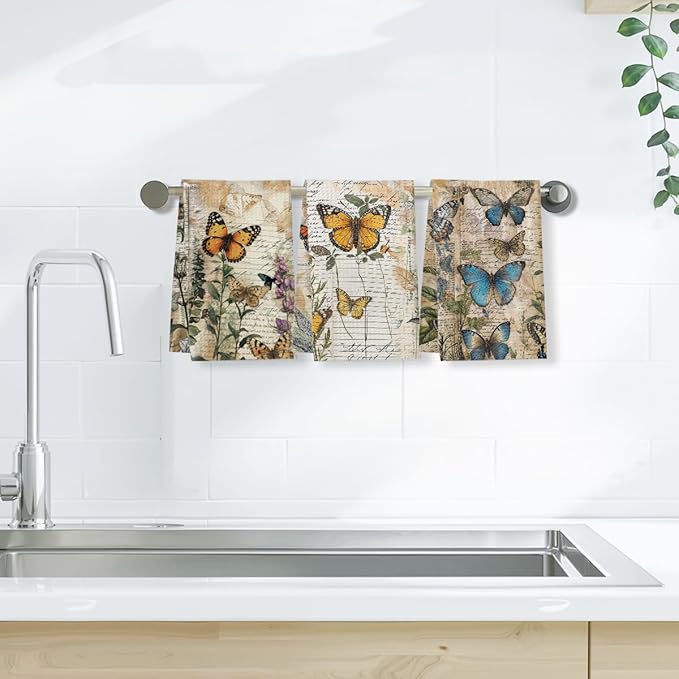 3 Pcs Vintage Butterfly Kitchen Towels, Botanical Decorative Absorbent Microfiber Dish Cloth Tea Towel, Watercolor Waffle Soft Hand Towels for Farmhouse Home Bathroom, Butterfly Gifts