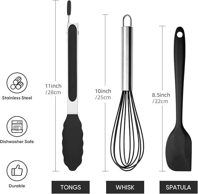Silicone Tongs for Cooking Set of 3,Maywe Tanso 11"Kitchen Tongs with Silicone Tips- 600°F Heat Resistant,10"Whisk for Non-stick Cookware Plus 8.5"Spatula,Cooking Set|Dishwasher Safe