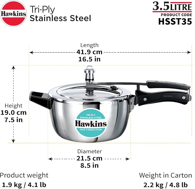Hawkins 3.5 Litre Triply Stainless Steel Pressure Cooker, Inner Lid Cooker, Silver (HSST35)