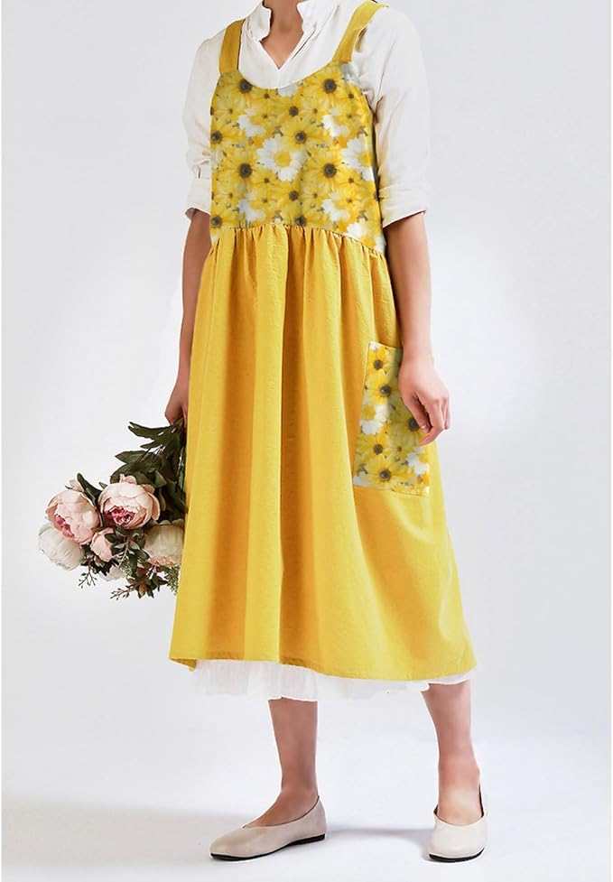 Uaussi Cotton Linen Apron Cross Back Work Apron for Women with Pockets Pinafore Dress X Cross Halter Apron for Chef Gardening