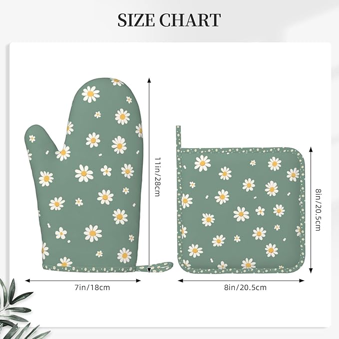 Oven Mitts and Pot Holders Daisy Flower Green Silicone Kitchen Accessories Set of 2 Heat Resistant Long Gloves Potholder Non-Slip Grip for Chef Cooking Baking Grilling BBQ