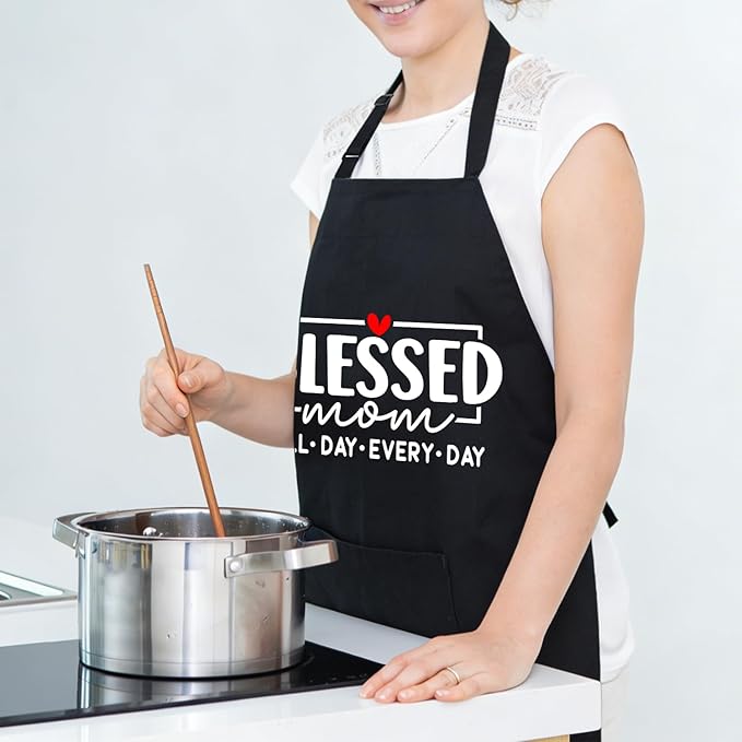 Black Baking Aprons for Women, Adjustable Cooking Baking Kitchen Aprons for Mom Chef with Pockets