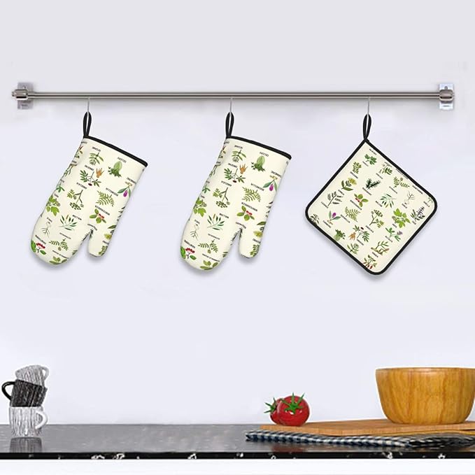 Cute Herbs Botanic Garden Plants Oven Mitts and Pot Holders Sets Heat Resistant for Kitchen BBQ Microwave Baking Grilling Cooks Set of 3 Kitchen Oven Glove