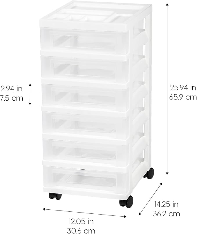 IRIS USA Plastic Drawer Storage Organizer Rolling Cart, 2-Pack, with Wheels Casters, 6-Drawers, for Classroom Art Craft Supplies Dresser Closet Bathroom Laundry Room, White/Clear