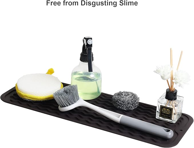ZLR Silicone Sponge Holder & Sink Caddy Tray (6" x 17") - Narrow Dish Drying Mat for Kitchen Counter - Waterproof Soap Dispenser Organizer, Non-Slip Bathroom Vanity Tray (Coffee)