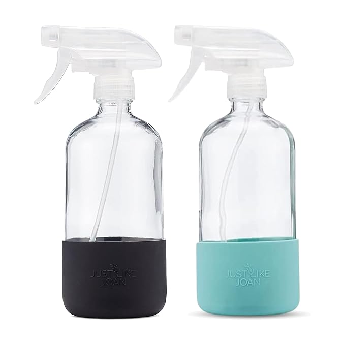 Clear Glass Spray Bottle with Silicone Sleeve for Cleaning Solutions, Essential Oils, Plants, Vinegar - 16 oz, Refillable, Food Safe (2-PACK: Rich Black & Ocean Turquoise)