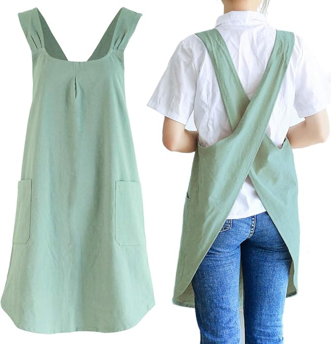 NEWGEM Japanese Cotton Linen Cross Back Cooking Apron for Women Men with Pockets Cute for Baking Kitchen