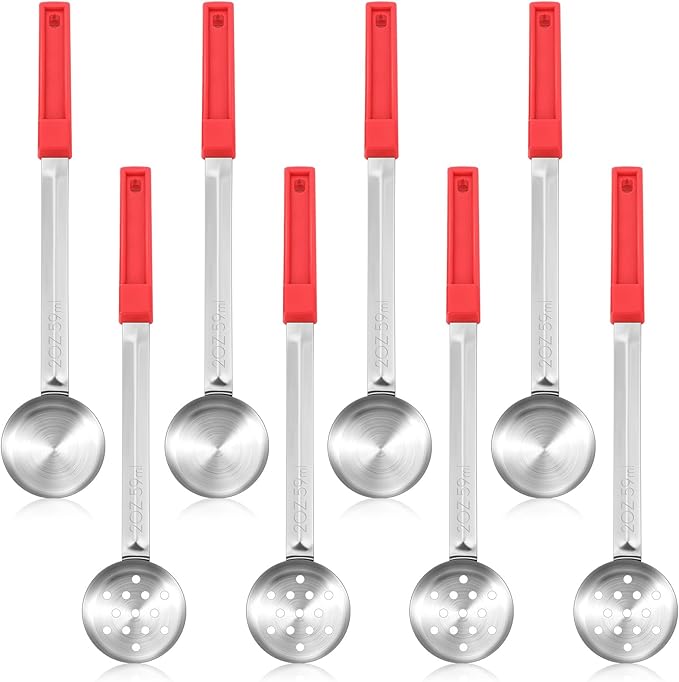Teenyyou 8 Pcs Portion Control Serving Spoons Portion Scoops Cups Solid and Slotted Stainless Steel Ladle Spoon for Food, Serving Utensils Set for Parties(Red,2 oz)