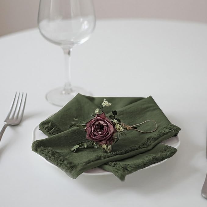 Handmade Cloth Napkins 100% Cotton Napkins with Fringe，Delicate Handmade Cloth Napkins for Dinners, Parties, Weddings and More，18 x 18 Inch Set of 12 - Olive Green