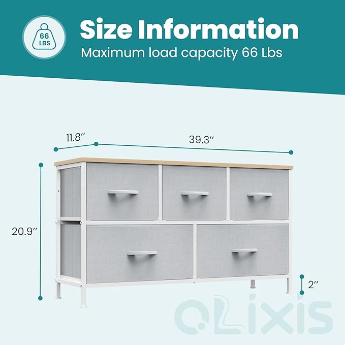 OLIXIS Dresser for Bedroom with 5 Drawers, Wide Chest of Drawers, Fabric Bedroom Dresser with Drawer Organizer, Storage Organizer Unit with Fabric Bins for Closet, Living Room, Hallway, Light Grey