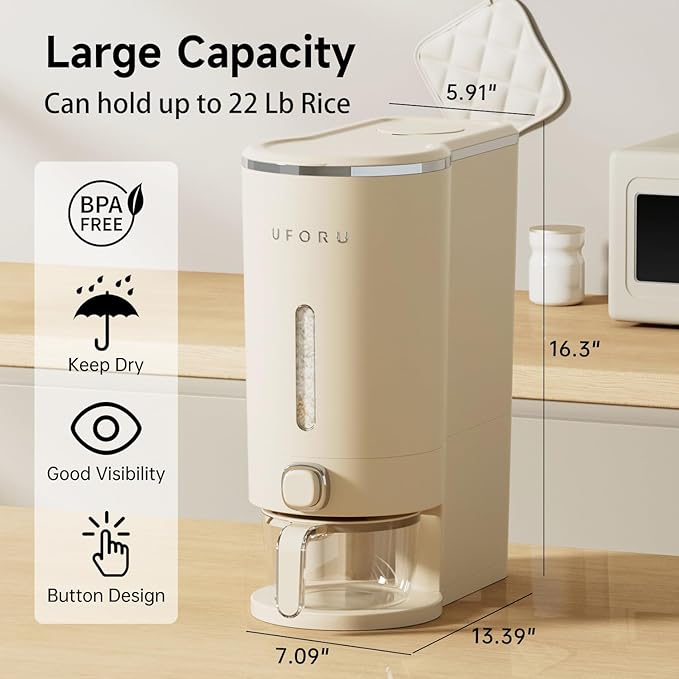 Rice Dispenser, Rice Storage Container with Measuring Cup for Kitchen Pantry Household, Cereal Dry Food Storage Containers Airtight, Sealed Moisture Proof， 22 Lbs