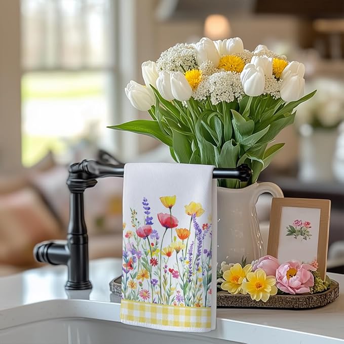 Floral Wreath Spring Kitchen Towels Set of 2,Pink Flower Dish Hand Towels Farmhouse Indoor Outdoor Holiday Seasonal Decorations DD097