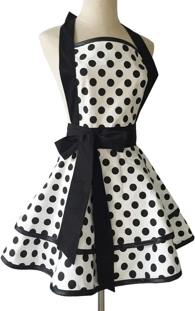 Hyzrz Lovely Handmade Cotton Retro Aprons for Women Girls Cake Kitchen Cook Apron for Mother's Gift (Black Dot)