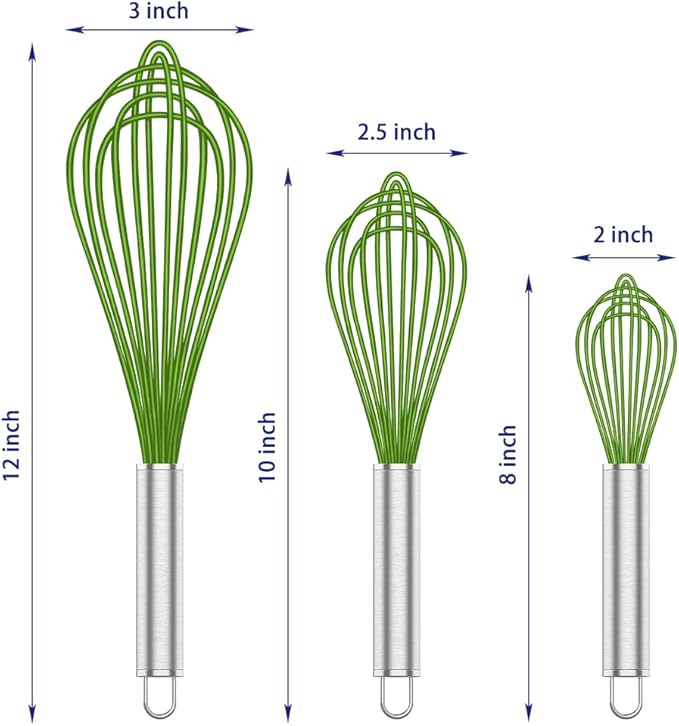 OYV Silicone Whisk,Professional Whisks For Cooking Non Scratch,Stainless Steel & Silicone Wisk,Plastic Rubber Whisk Tool For Nonstick Cookware Pans,Silicon Wisks Set of 3,Green.