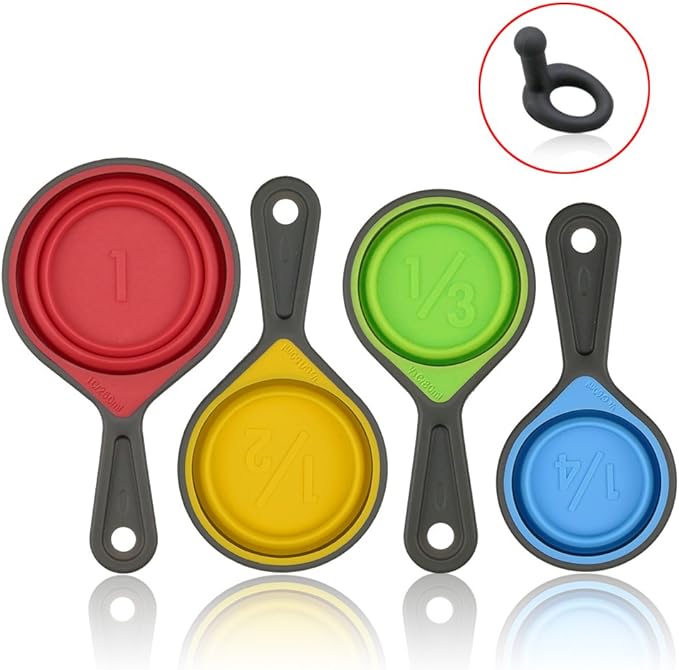 Measuring Cup and Spoon Set, Collapsible Measuring Cup, 8 Piece Measuring Tools and 1 Funnel, Engraved Metric/US Markings, for Liquid and Dry Measurements, Space Saving, BPA Free Silicone, Colorful