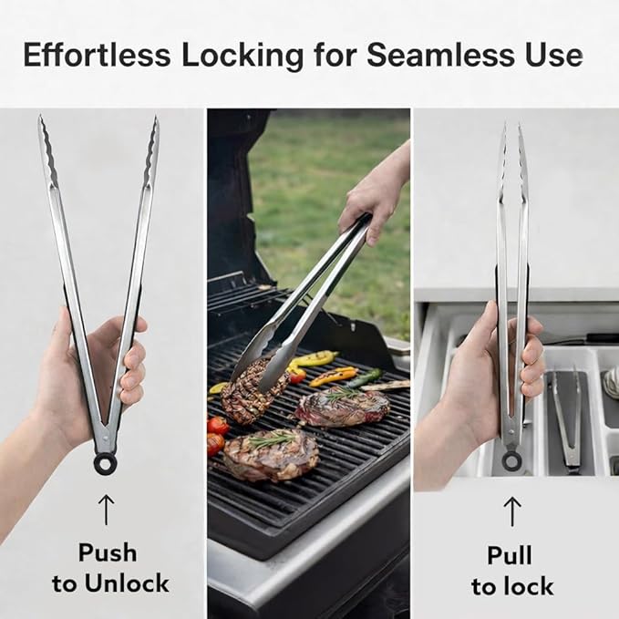 Kona Premium Stainless-Steel Locking Grill Tongs 18 inch, Sturdy, Heavy Duty Tongs - Great for Cooking, Grilling, and Barbecue (BBQ)