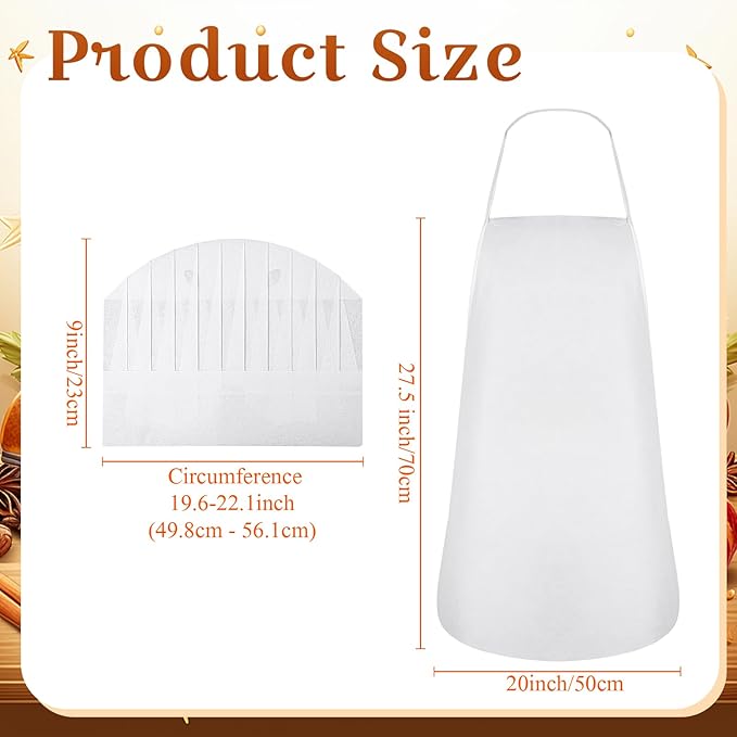 Coume Disposable Non Woven Apron Chef Hat Set, Adult Kitchen Aprons Adjustable Bakery Hats for Kitchen Cooking Baking