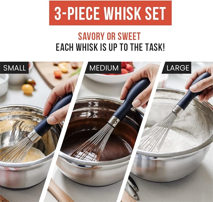 Chef Pomodoro 3-Piece Kitchen Whisk Set, Stainless Steel Whisks for Cooking, Wisk Kitchen Tool, Thick Wire Whisk Set, Wisking Tool for Cooking, Blending, Whisking, Beating and Stirring