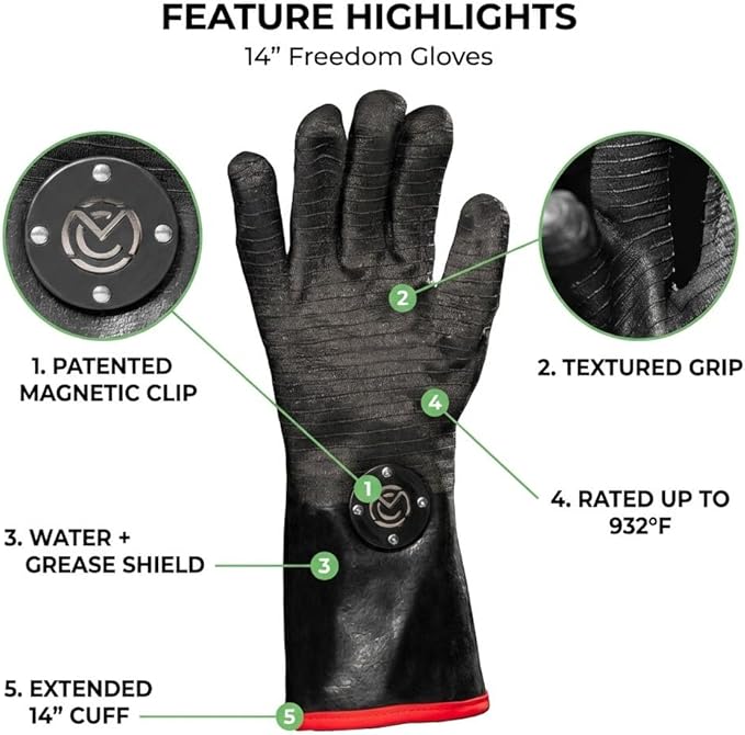 MagneCHEF Freedom BBQ Gloves 932°F Heat Rated Magnetic EZ On Off Safety Clips Waterproof for Grills Smokers Fryers Ovens