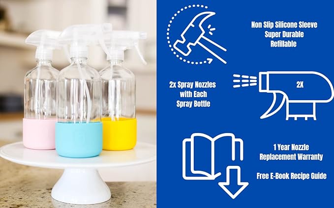 16 oz Glass Spray Bottles for Cleaning Solutions Clear Empty Spray Bottles with Sage Green Silicone Sleeve Essential Oils, Plants, Mist Sprayer Bleach Refillable Reusable Container Food