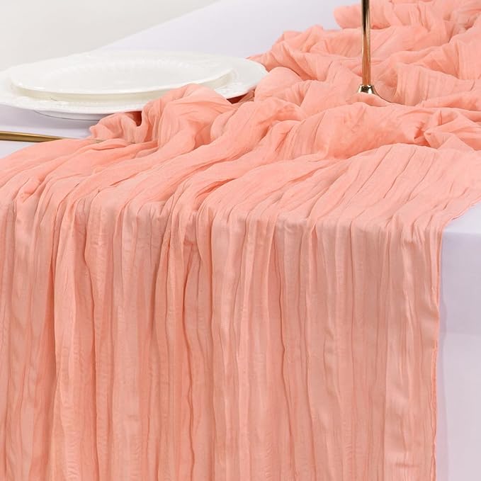 Socomi Coral Peach Easter Spring Cheesecloth Table Runner Boho Rustic Gauze 120 inch 10FT Cheese Cloth Runner for Wedding Party Baby Shower Birthday Home Decor Holiday Decorations