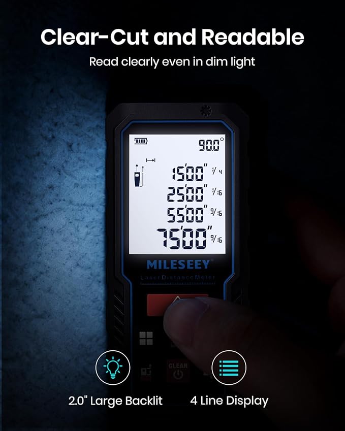 Laser Measure Device, MiLESEEY 229ft Digital Laser Tape Measure with Upgrade Electronic Angle Sensor, 2mm Accuracy, Area Measurement,Volume and Pythagoras, 2" LCD Backlit,Mute, Battery Included