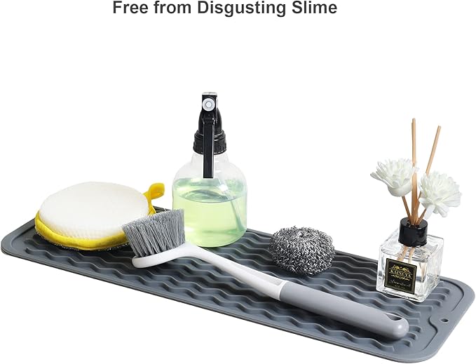 ZLR 2 Pcs Silicone Sponge Holder & Sink Caddy Tray (6" x 17") - Narrow Dish Drying Mat for Kitchen Counter - Waterproof Soap Dispenser Organizer, Non-Slip Bathroom Vanity Tray (Dark Gray)