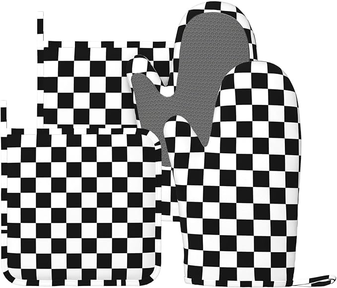 Black White Checkered Oven Mitts and Pot Holders Sets of 4, Heat Resistant Silicone Oven Mittens and Potholders Gloves Hot Pads for Kitchen Cooking Baking Grilling BBQ Chef