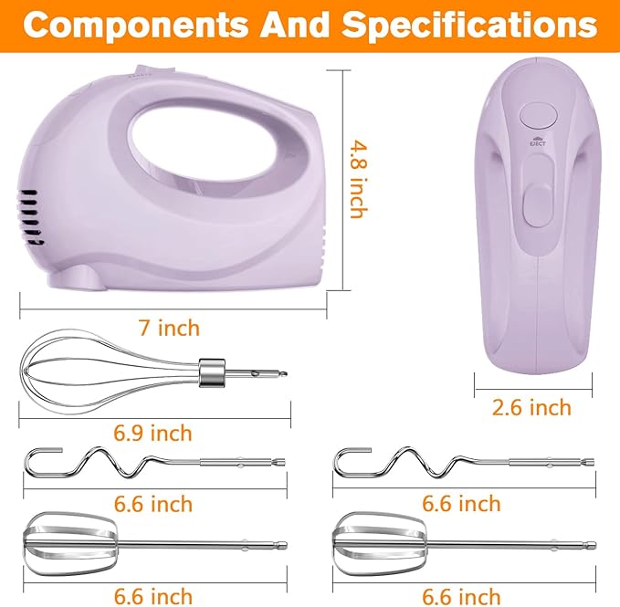 Handmixer Electric Handheld - 7 Speed Portable Kitchen Mixer Electric with 5 Stainless Steel Accessories Whisk, Food Beater for Whipping Mixing Cookies Cakes Home (CX6613-VT)