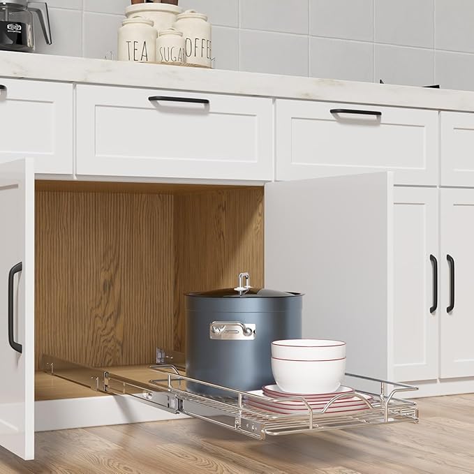OCG Pull Out Cabinet Organizer 2 Pack (21" W x 21" D), Pull out Shelves 1 Tier, Cabinet Slide Out Shelves for Base Cabinet Organization in Kitchen Bathroom Pantry, Bottom Mount, Chrome Finish