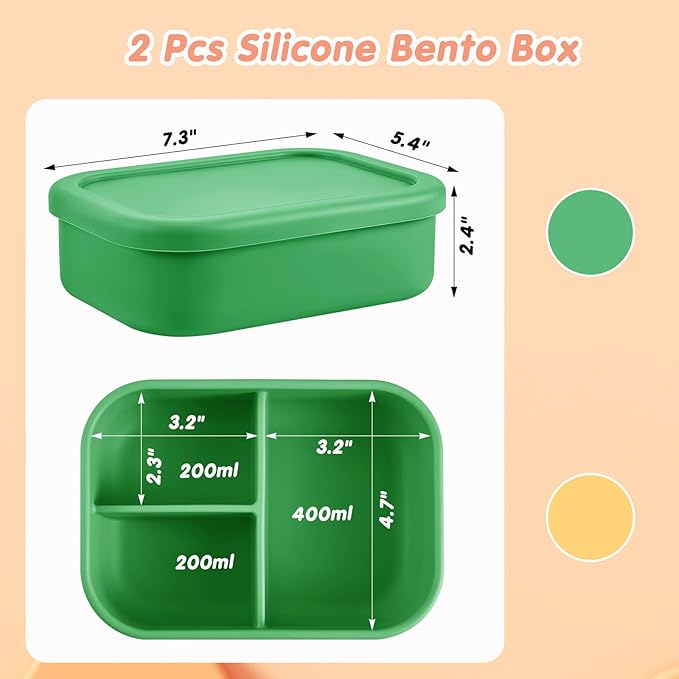 Layhit 2 Pcs Silicone Bento Box for Adults, 27 oz Bento Lunch Container Reusable 3 Compartment Lunchable Food Container for Women Men, Leak Proof Microwave Dishwasher Freezer Safe (Green, Yellow)