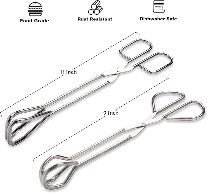 Hiash 9-Inch and 11-Inch Heavy Duty Stainless Steel Kitchen Tongs - Comfortable Ergonomic Grip, Scissor Design, Heat Resistant for BBQ and Cooking