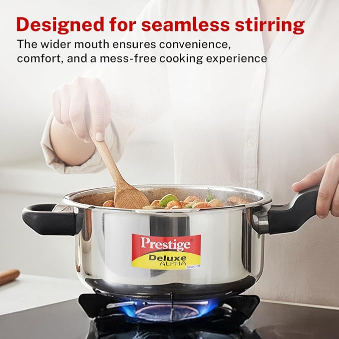 Prestige Deluxe Alpha Svachh Stainless Steel Pressure Cooker with Alpha Base and Deep Lid for Spillage Control, (3 Liter)