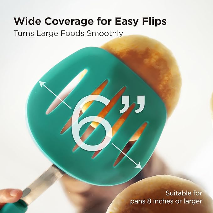Kitchen Mama WaltzGrip Platinum Silicone Pancake Spatula Turner: Heat Resistant Flexible, Stainless Steel Core, Nonstick, Dishwasher Safe, Flipper – Ideal Kitchen Cookware for Eggs, Fish, Meat (Teal)