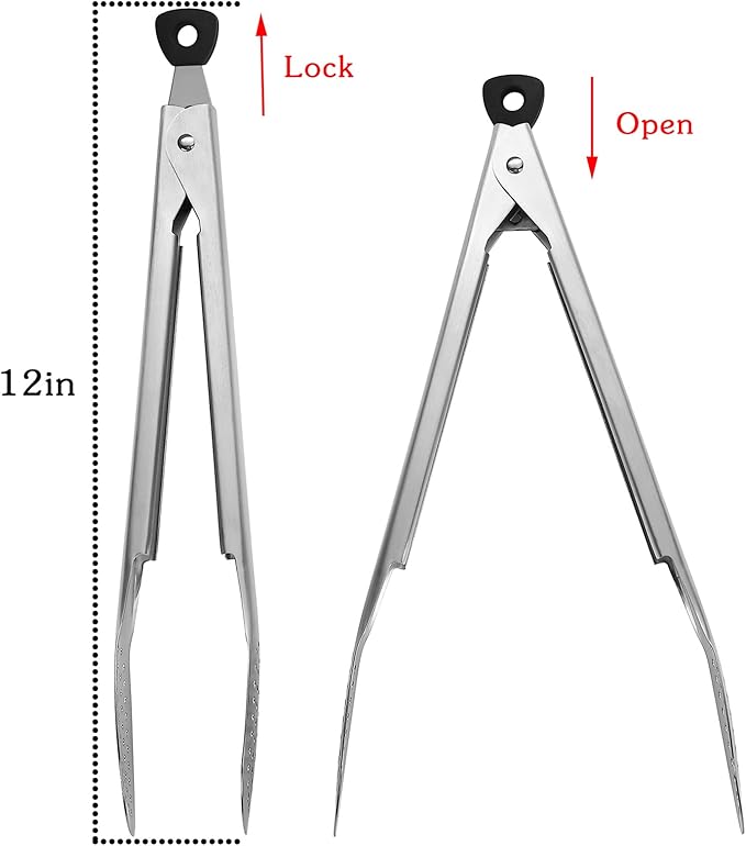 Devico Kitchen Tongs for Cooking, 2-Piece 12 inch 18/8 Stainless Steel Metal BBQ Grill Tongs with Lock
