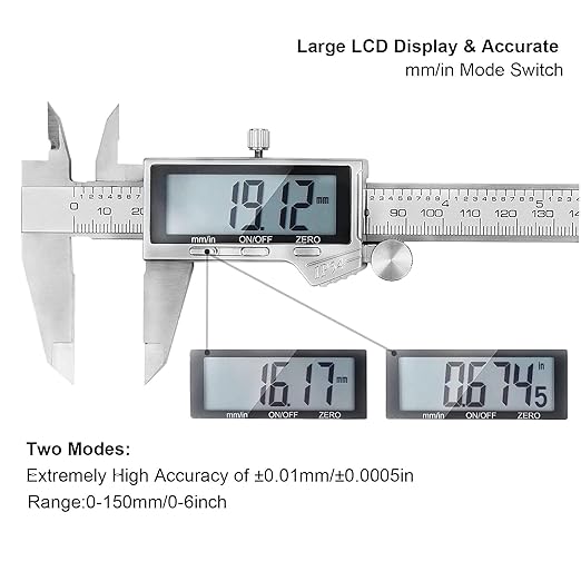 Electronic Digital Vernier Caliper, LOUISWARE Stainless Steel Caliper 150mm/0-6 inch Measuring Tools with Extra-Large LCD Screen, inch/Metric Conversion