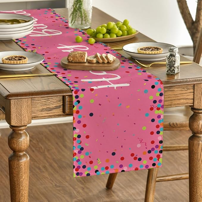 Artoid Mode Polka Dot Pink Happy Birthday Table Runner, Seasonal Kitchen Dining Table Decoration for Home Party Decor 13x36 Inch