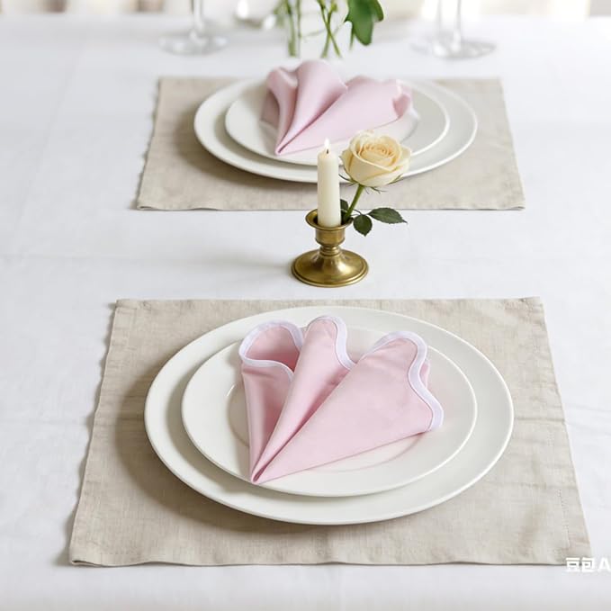 Scallop Linen Napkins Set of 8-Linen Blended Napkins,Pink and White Dinner Napkins Cloth 17 Inch - Giselle Scallop Edge, Handcrafted and Machine Washable - Easter, Spring