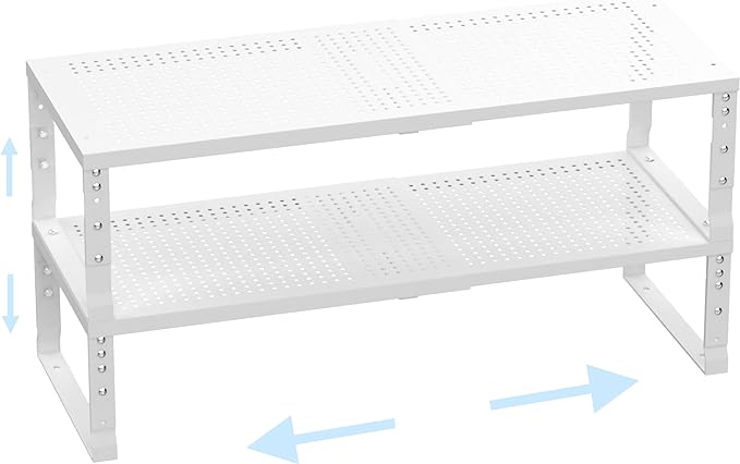 Expandable Adjustable Stackable Kitchen Organizer,Pantry Storage Shelves Racks,for cabinets Shelf, Kitchens, countertops, bathrooms,RV(2Packs/White,Medium)