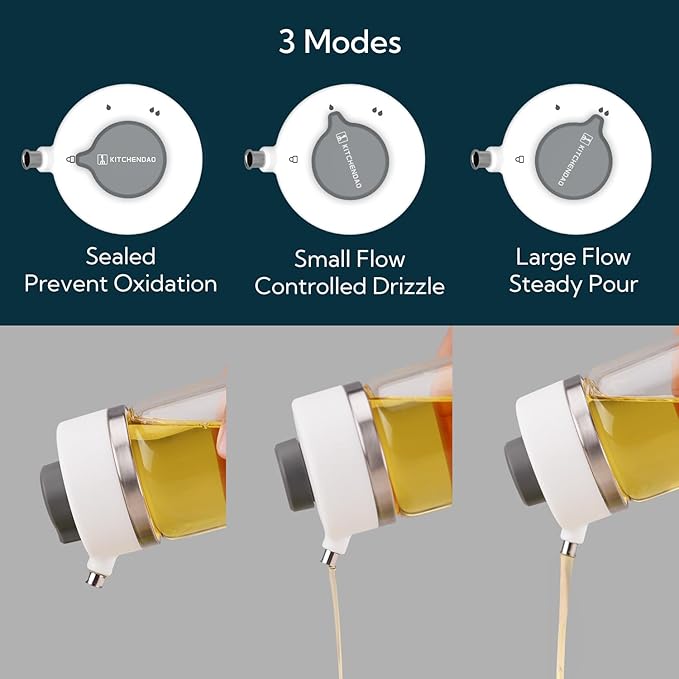 KITCHENDAO Precision Pour Glass Oil Dispenser with 3 Modes, Drip-free Spout, Two Adjustable Flowing Speed, 12 oz Vinegar Dispenser Bottle for Kitchen, Borosilicate Glass Olive Oil Bottle for Cooking