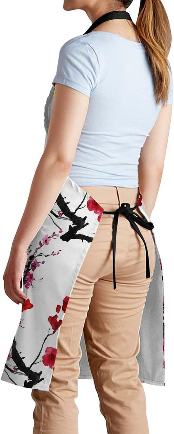 oFloral Watercolor Cherry Blossoms Apron Unisex Adjustable Bib Apron, Cooking Kitchen Chef Apron, Women Men Apron for Home Kitchen, Restaurant, Coffee house