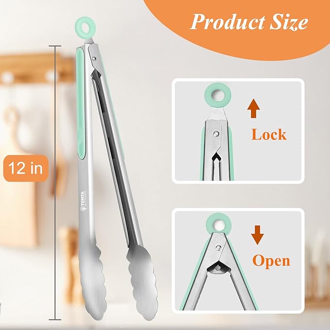 Tongs for Cooking, 12-Inch Stainless Steel Kitchen Tongs, Locking Metal Food Tongs with Silicone Non-Slip Grip, Kitchen Utensils for Food, Salad and Outdoor BBQ, Set of 4 (Mint Green)