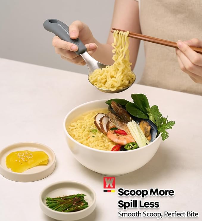 Short Stainless Steel Ladle 220mm (8.6”) – SUS304 Thick Deep Bowl Head with Soft-Grip Silicone Handle – Lightweight Mini Soup & Serving Spoon for Cooking – 5 Color Options (Gray)