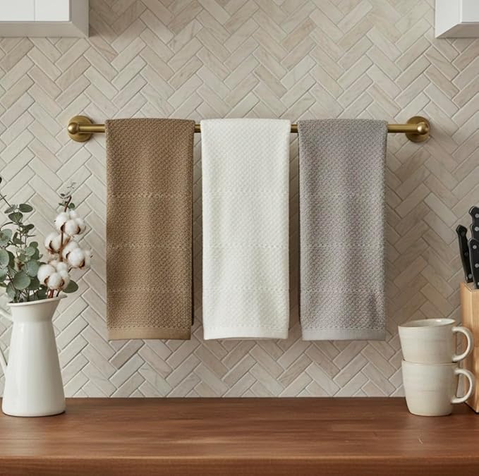 Beige White Brown Taupe Kitchen Hand Dish Towels: Oversized 28" x 18",100% Cotton Cloth Soft Cleaning Drying Absorbent Textured Design, Set of 3 Multipurpose for Everyday Use (Neutral Collection)