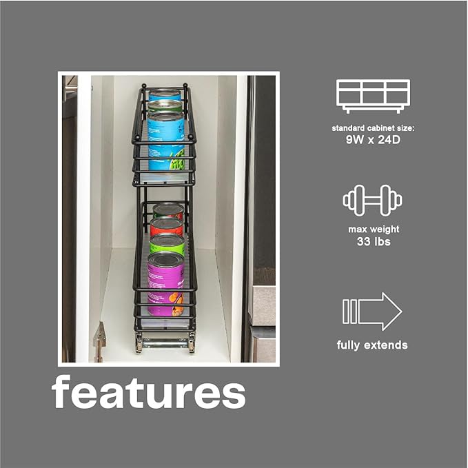 Household Essentials Glidez Multipurpose Paint-Finished Steel Pull-Out/Slide-Out Storage Organizer with Plastic Liners for Under Cabinet Use - 2-Tier Design, Black